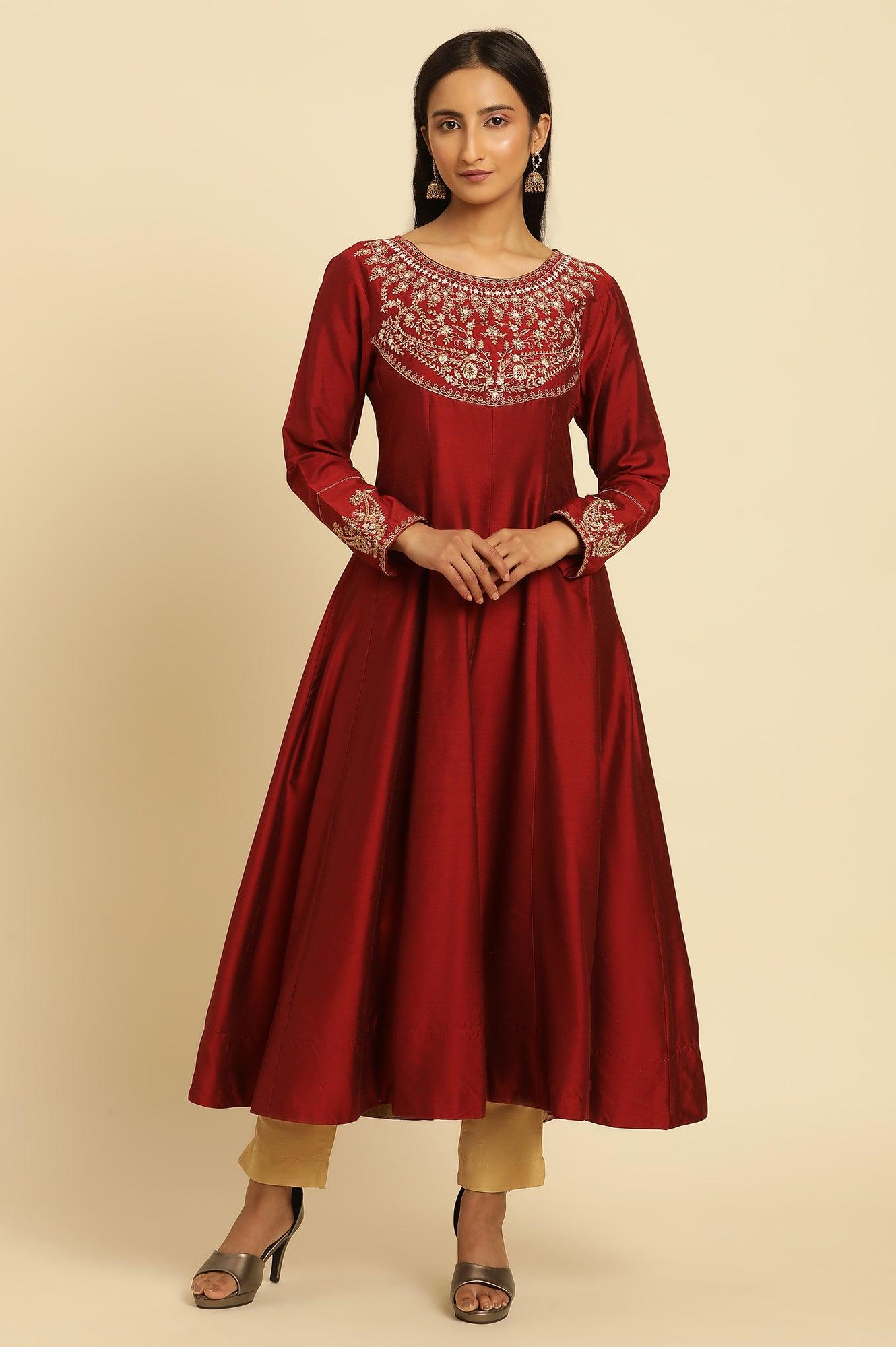 Maroon Embroidered Flared Kurta - wforwoman