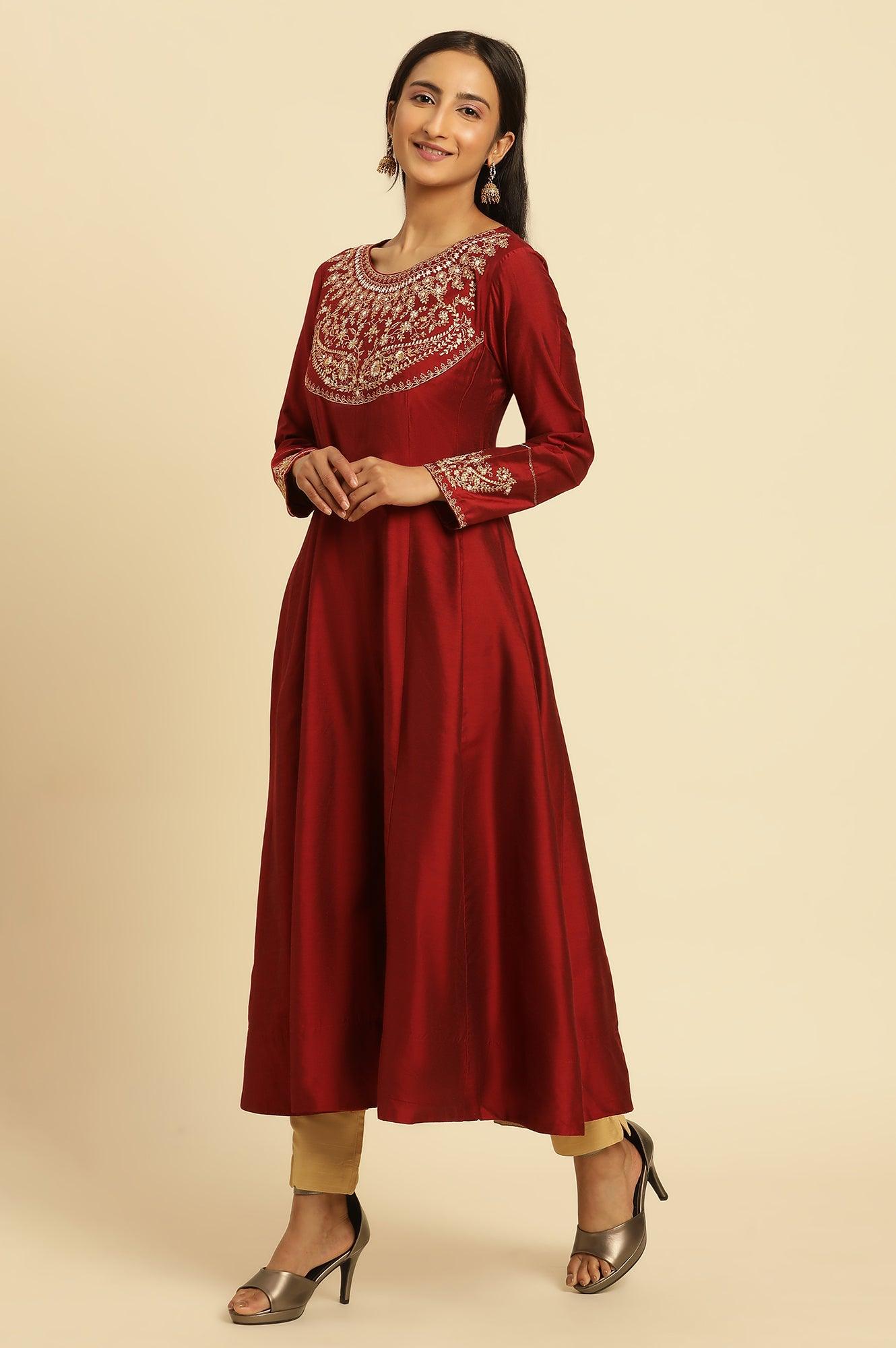 Maroon Embroidered Flared Kurta - wforwoman