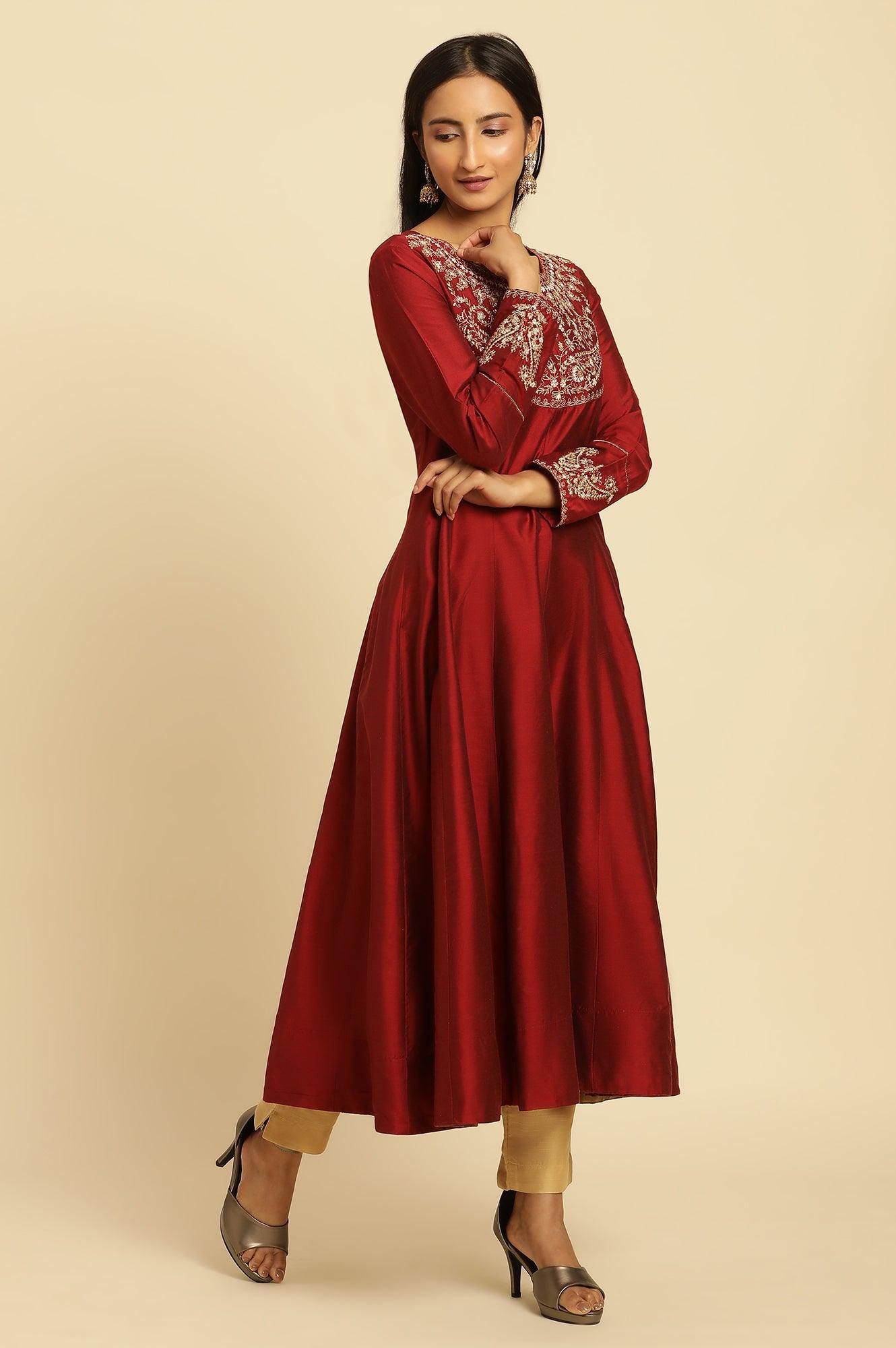 Maroon Embroidered Flared Kurta - wforwoman