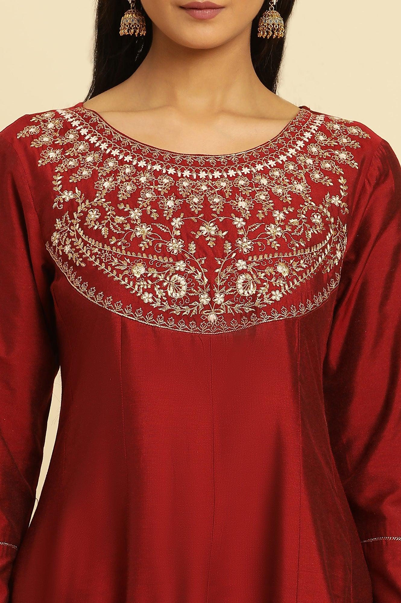 Maroon Embroidered Flared Kurta - wforwoman