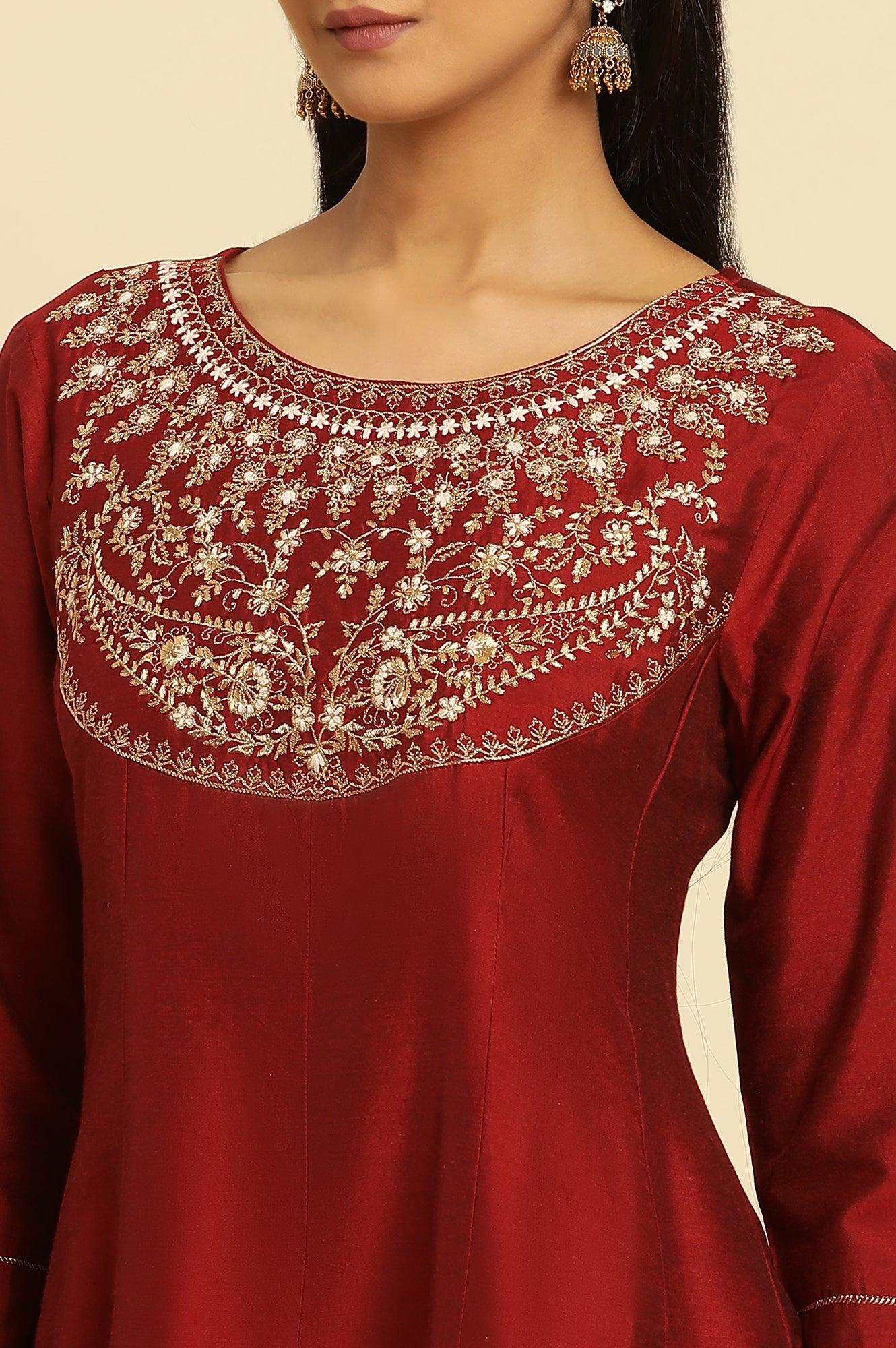 Maroon Embroidered Flared Kurta - wforwoman