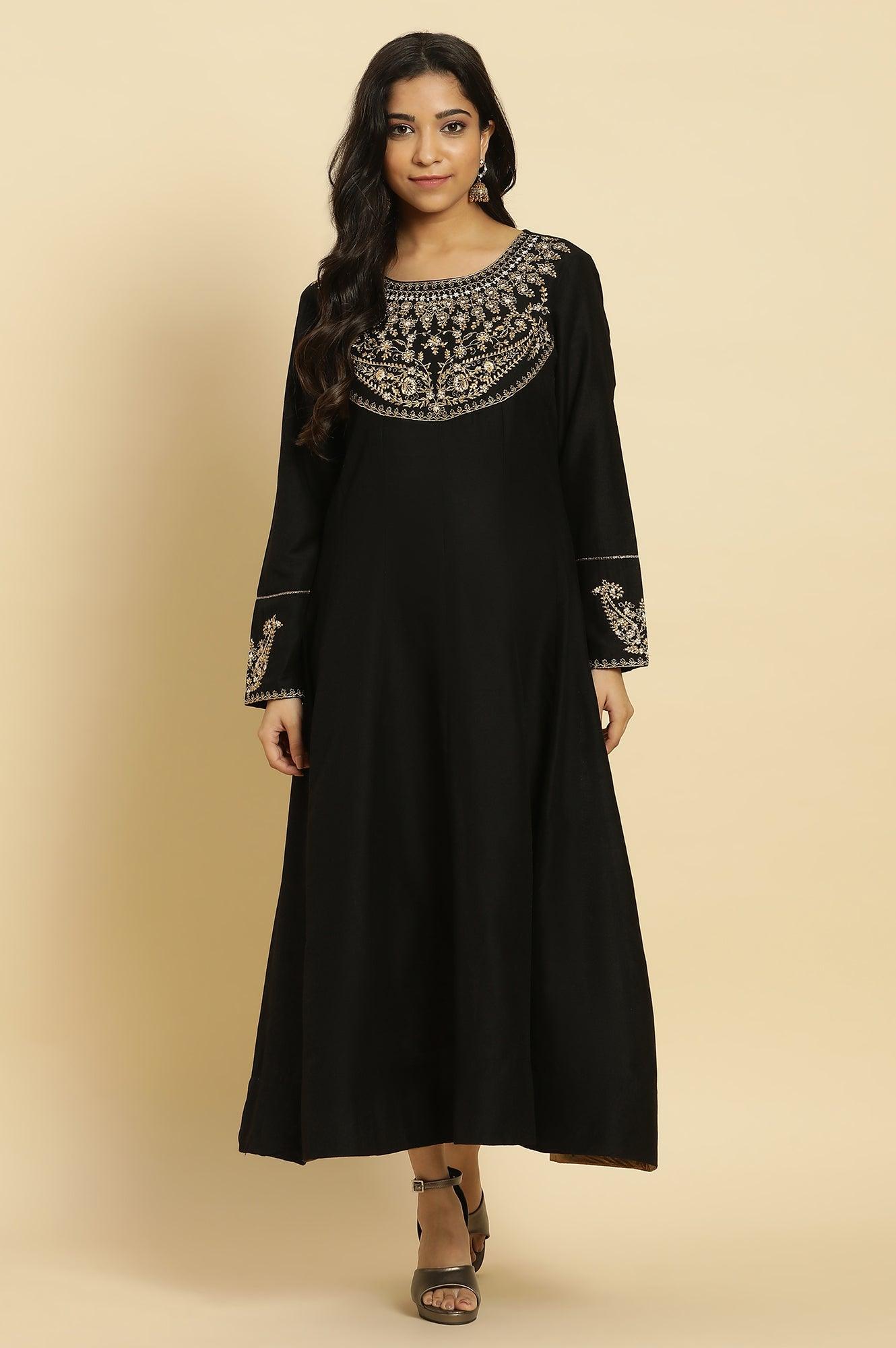 Black Flared Embroidered Kurta - wforwoman