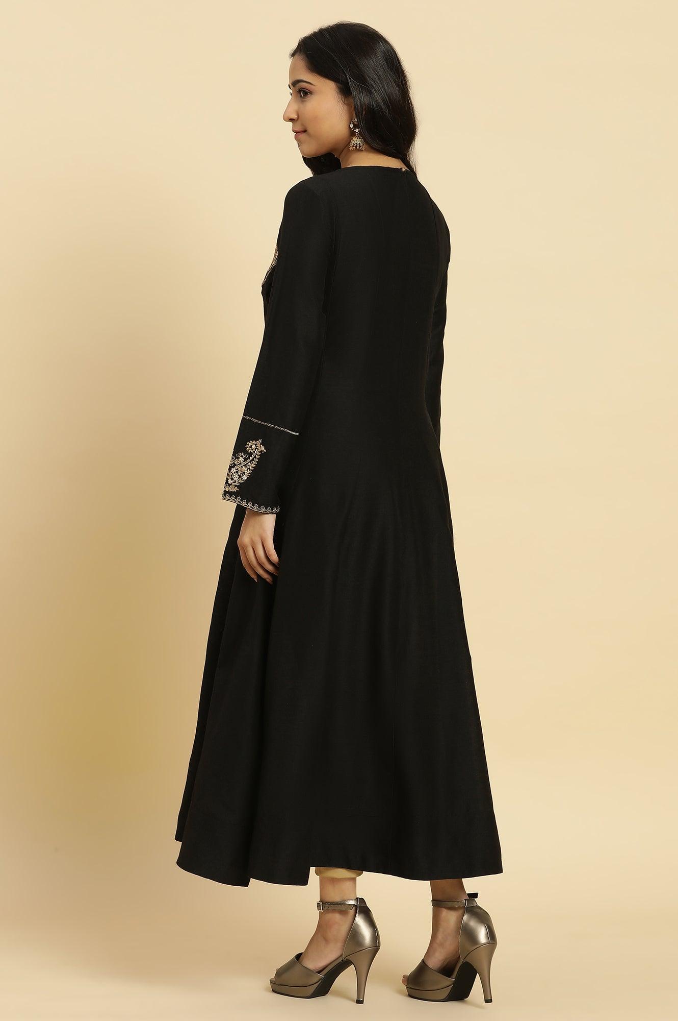 Black Flared Embroidered Kurta - wforwoman