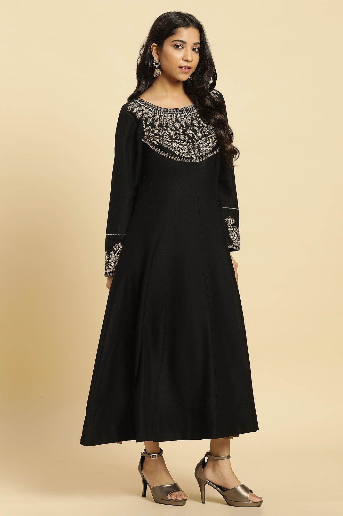 Black Flared Embroidered Kurta - wforwoman