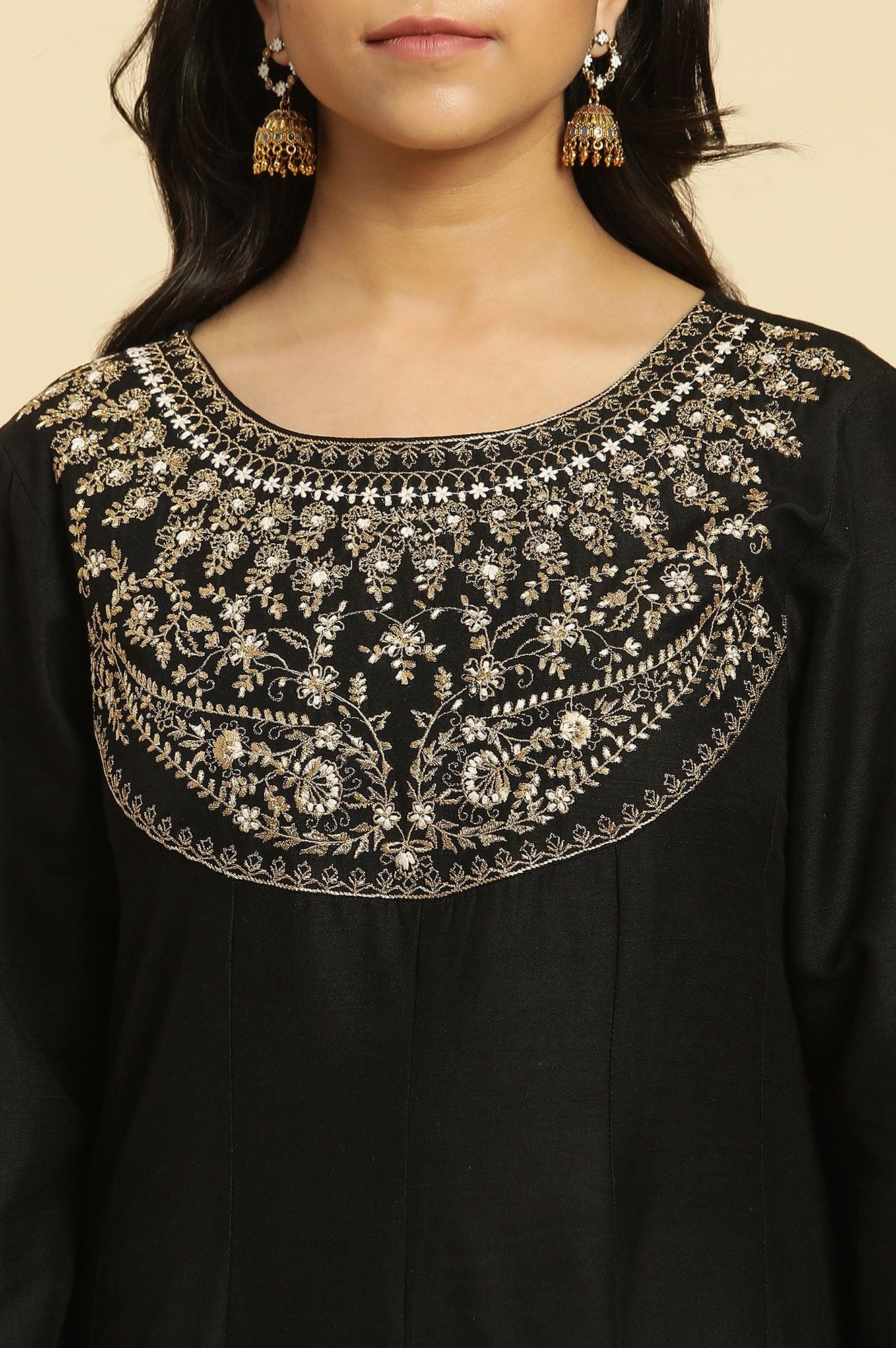 Black Flared Embroidered Kurta - wforwoman