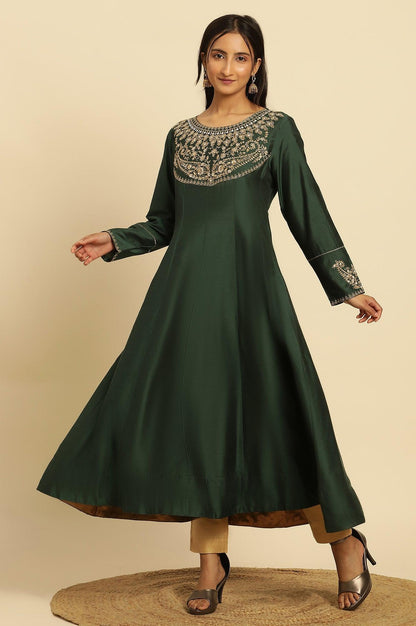 Green Embroidered Flared Kurta - wforwoman