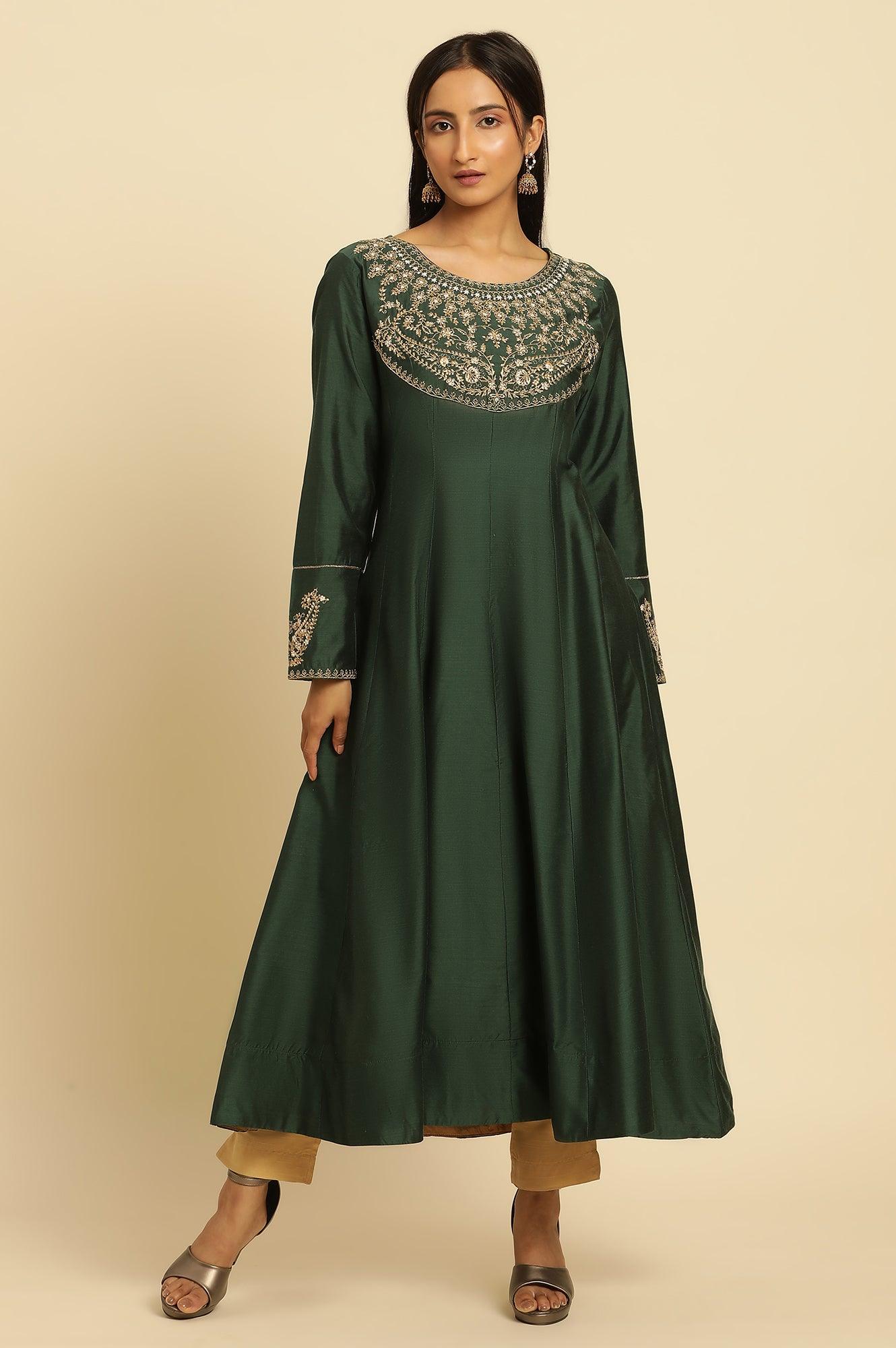 Green Embroidered Flared Kurta - wforwoman