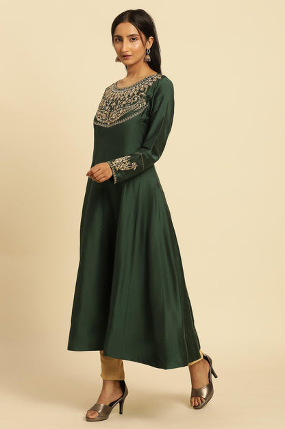 Green Embroidered Flared Kurta - wforwoman