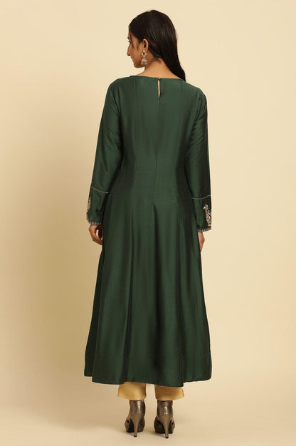 Green Embroidered Flared Kurta - wforwoman