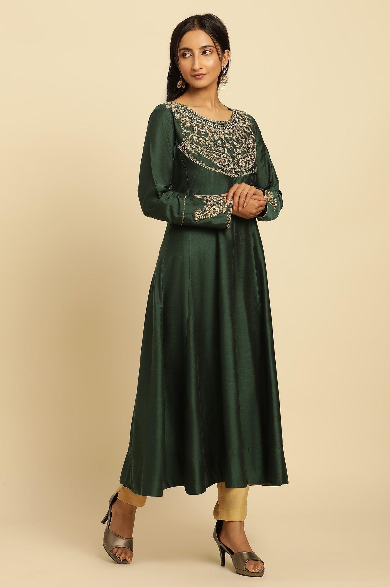 Green Embroidered Flared Kurta - wforwoman