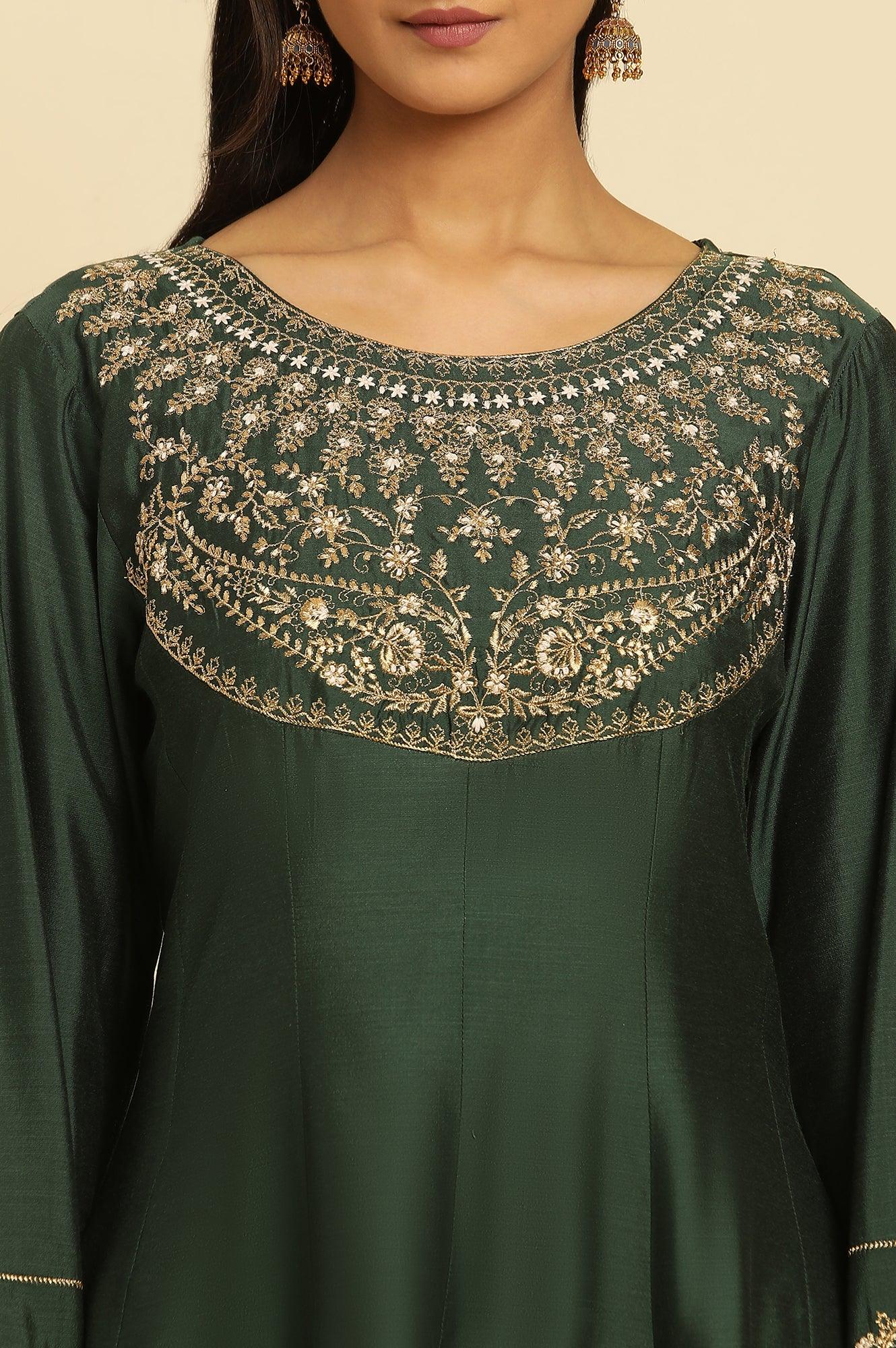 Green Embroidered Flared Kurta - wforwoman