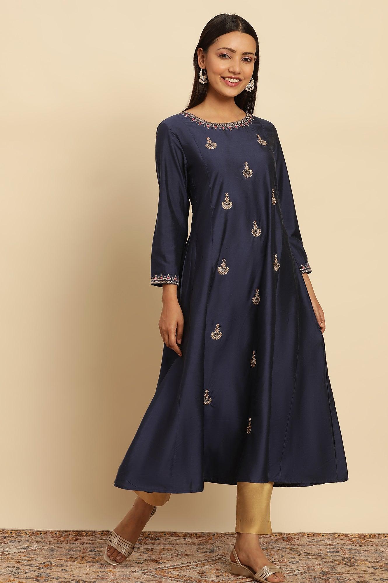 Blue Flared Embroidered Kurta - wforwoman