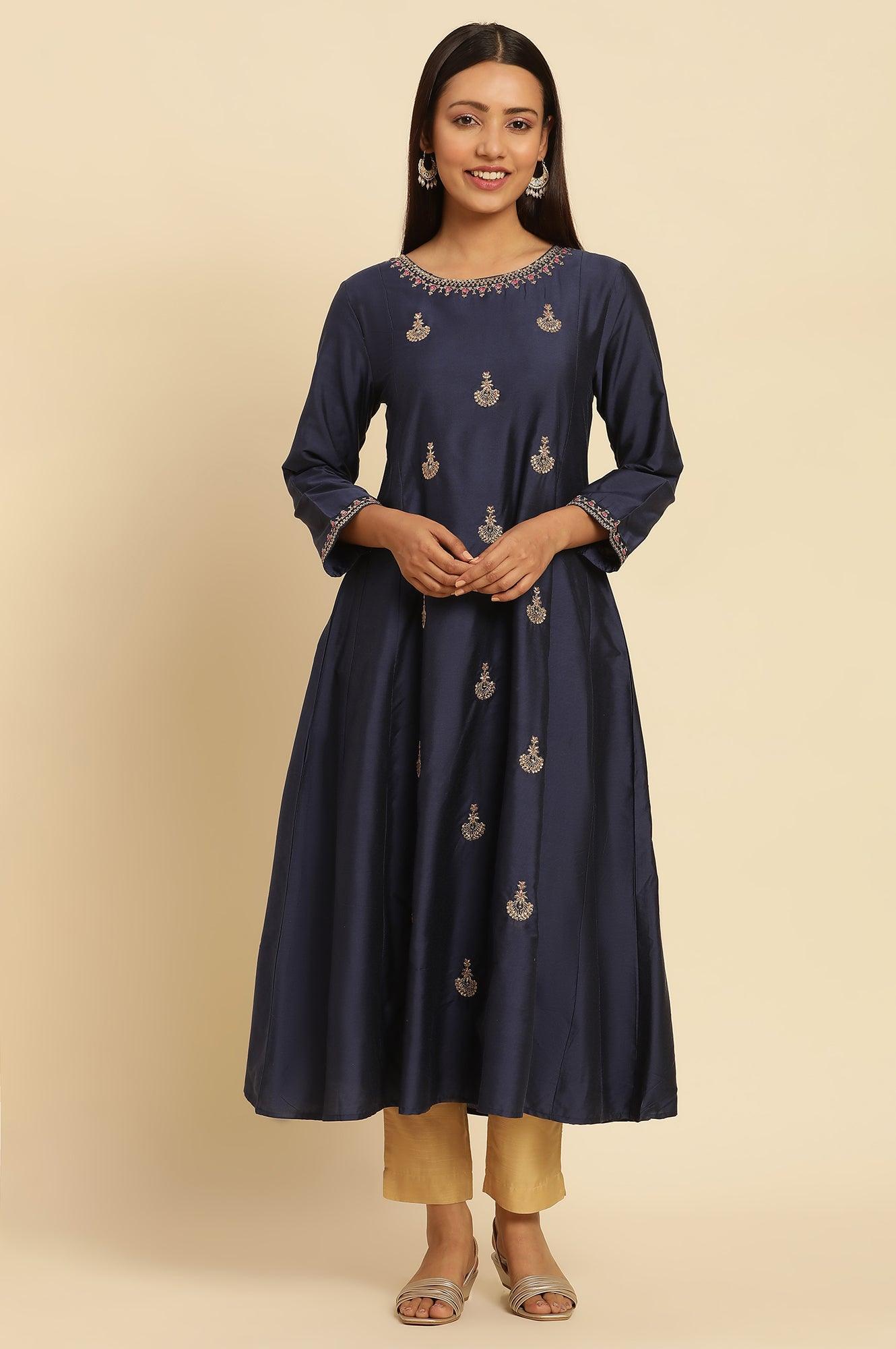 Blue Flared Embroidered Kurta - wforwoman