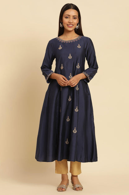 Blue Flared Embroidered Kurta - wforwoman