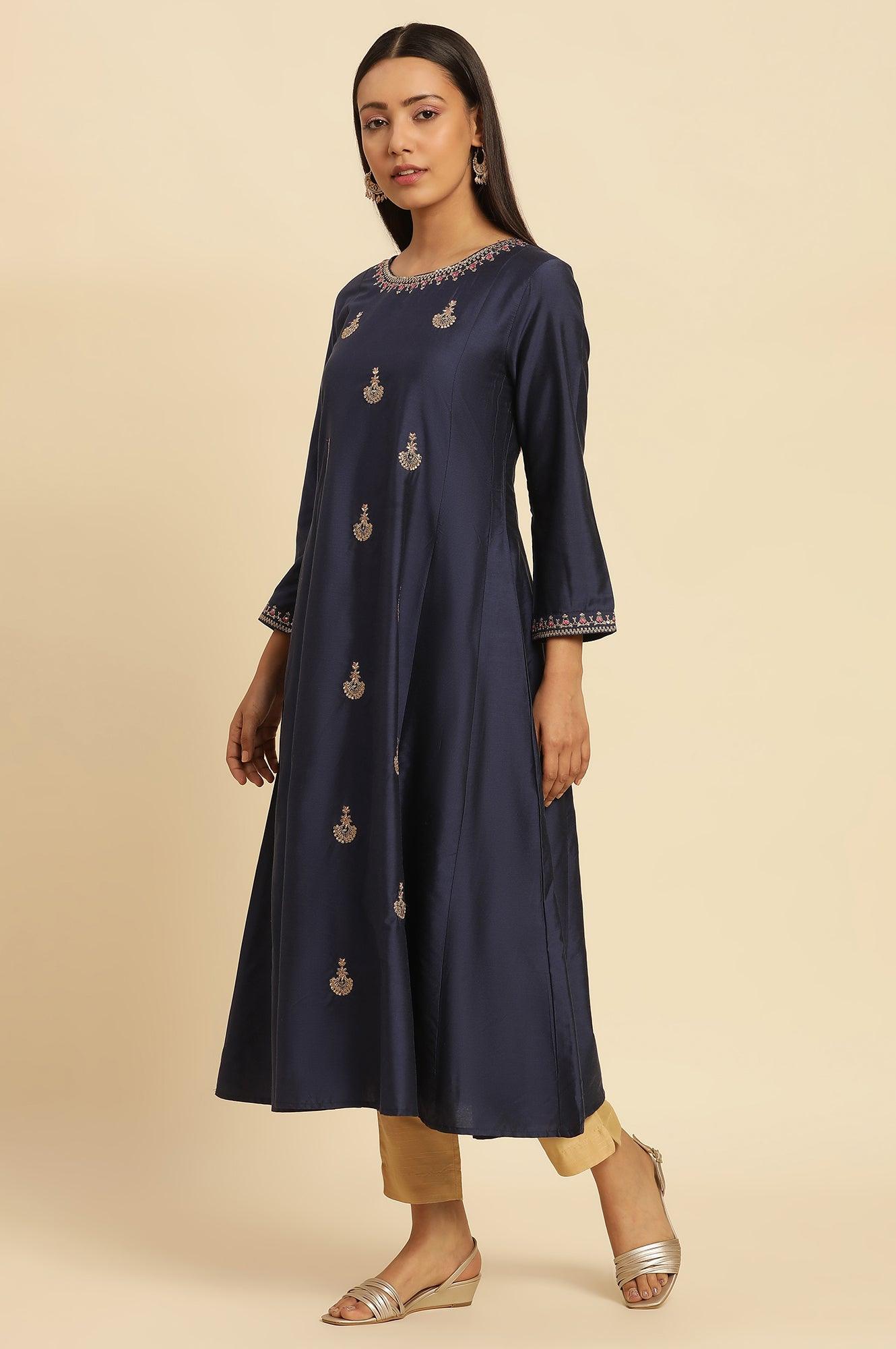 Blue Flared Embroidered Kurta - wforwoman