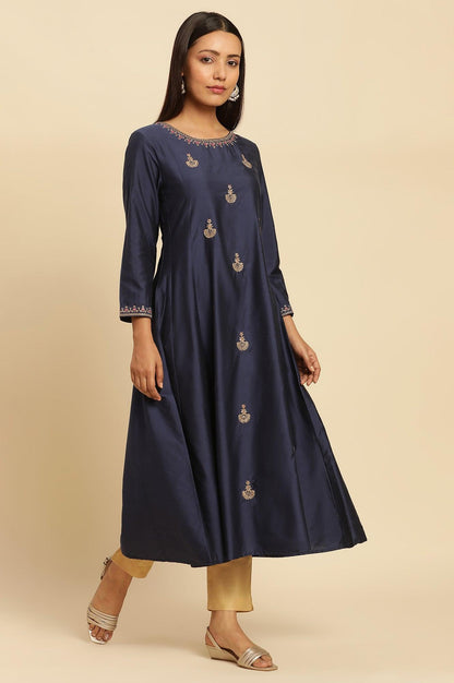 Blue Flared Embroidered Kurta - wforwoman