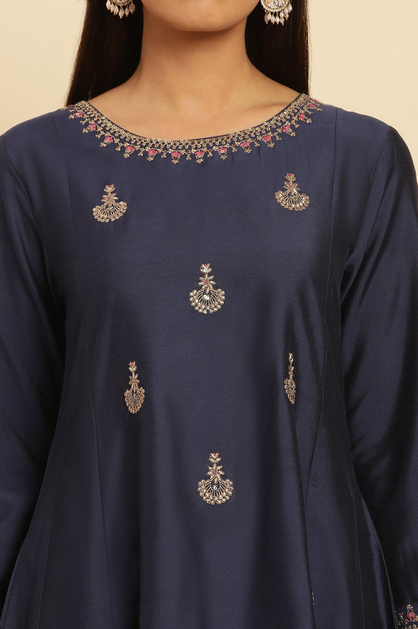 Blue Flared Embroidered Kurta - wforwoman