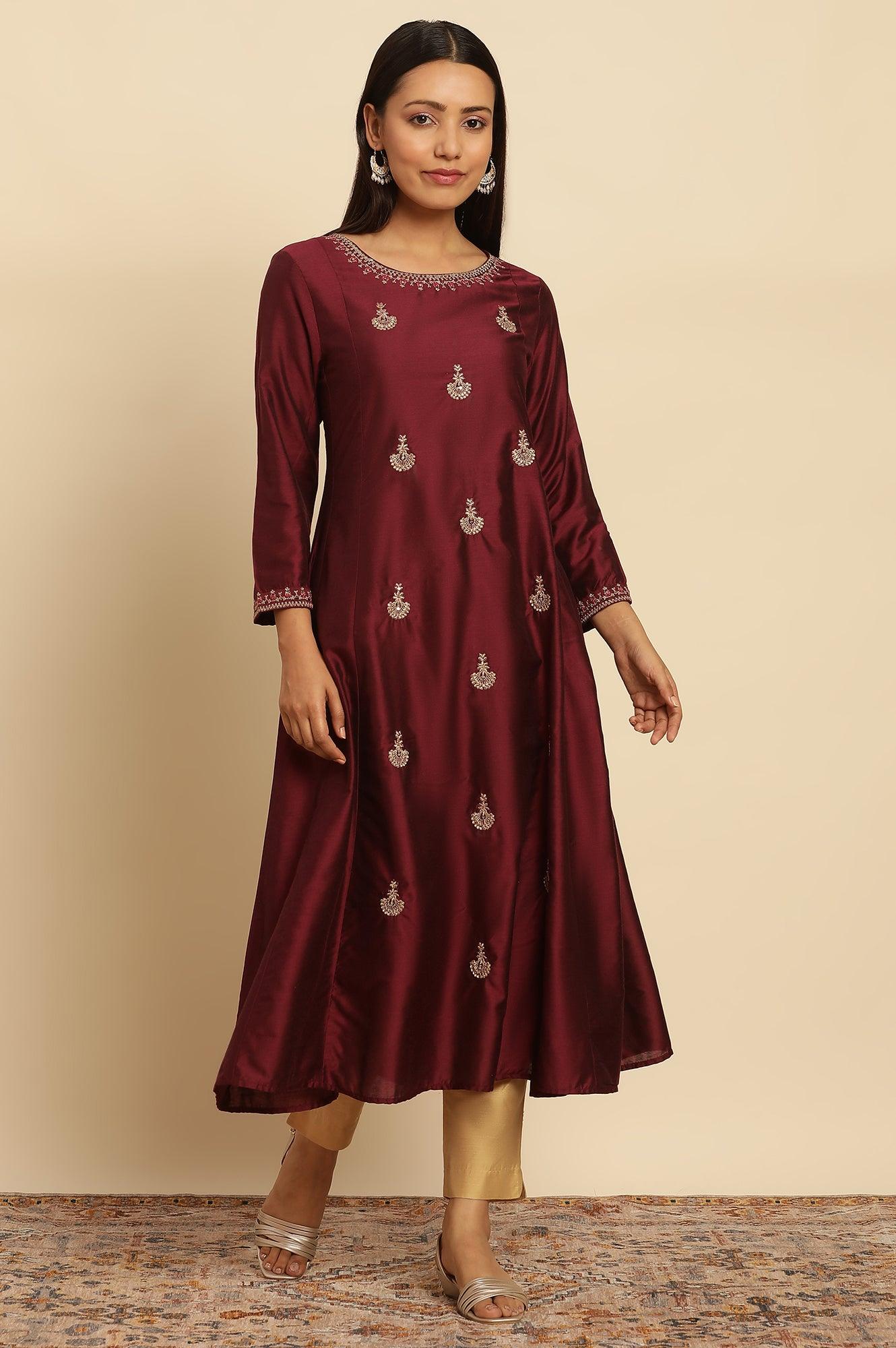 Dark Red Flared Embroidered Kurta - wforwoman