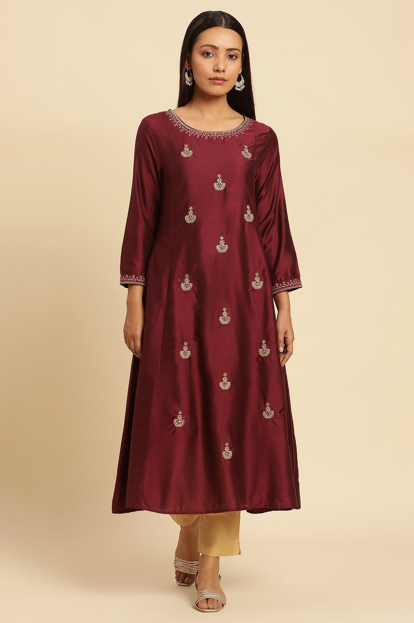 Dark Red Flared Embroidered Kurta - wforwoman