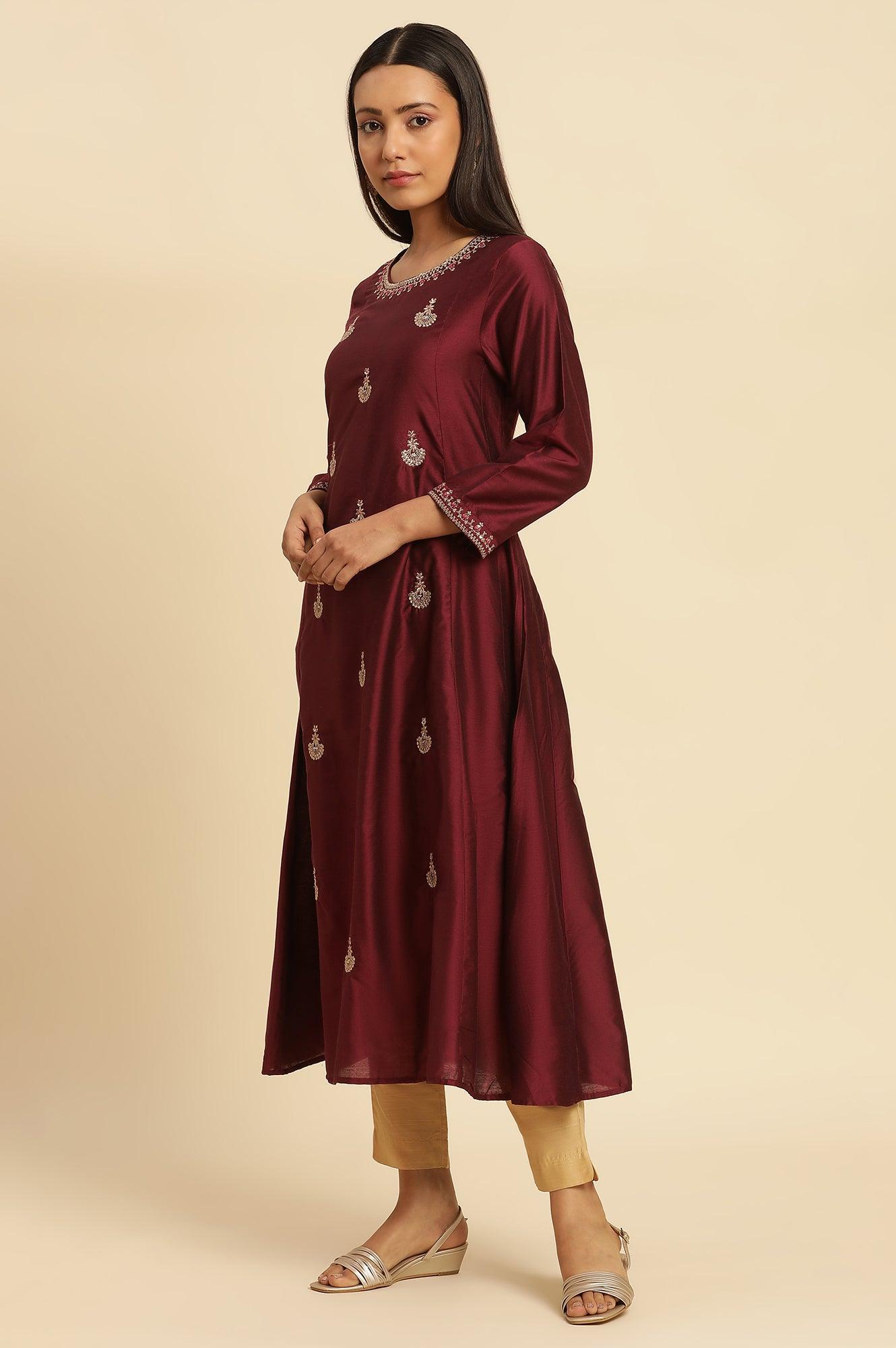 Dark Red Flared Embroidered Kurta - wforwoman