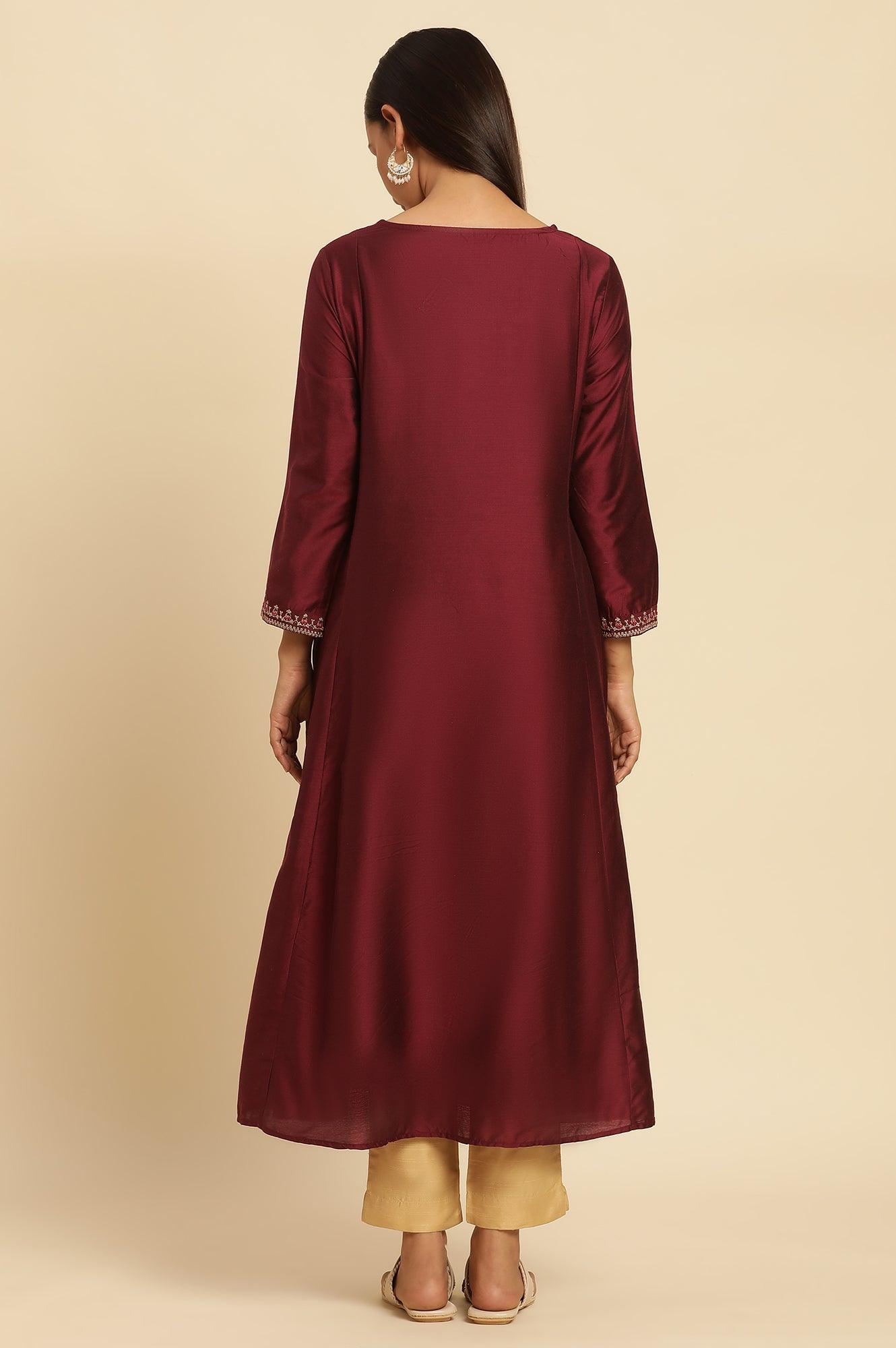 Dark Red Flared Embroidered Kurta - wforwoman