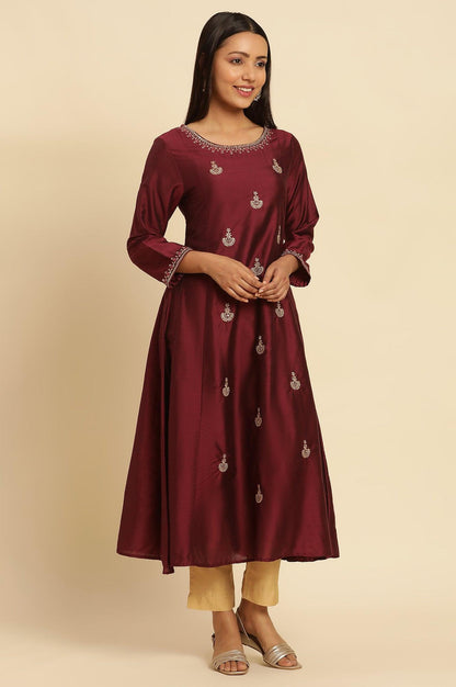 Dark Red Flared Embroidered Kurta - wforwoman