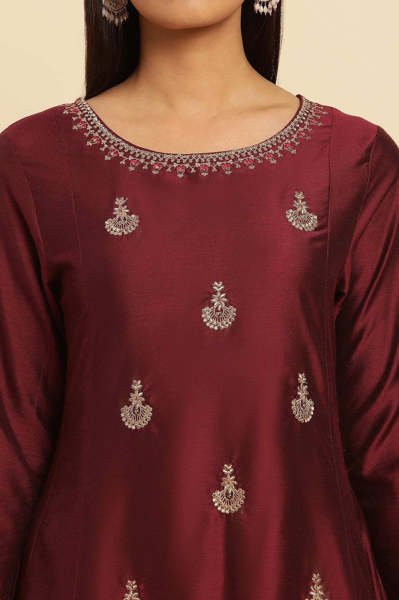 Dark Red Flared Embroidered Kurta - wforwoman