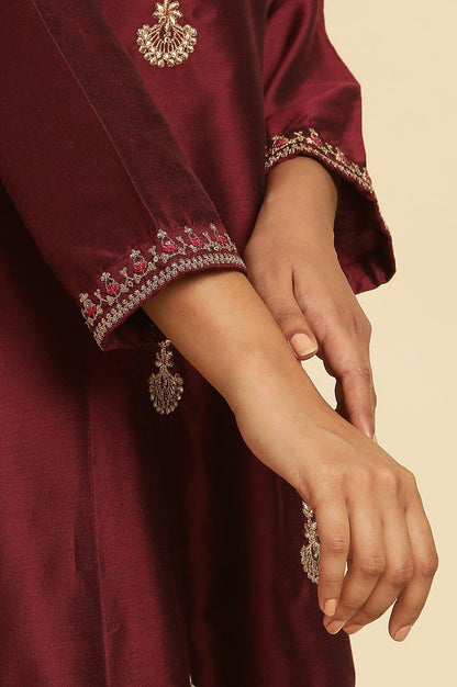 Dark Red Flared Embroidered Kurta - wforwoman