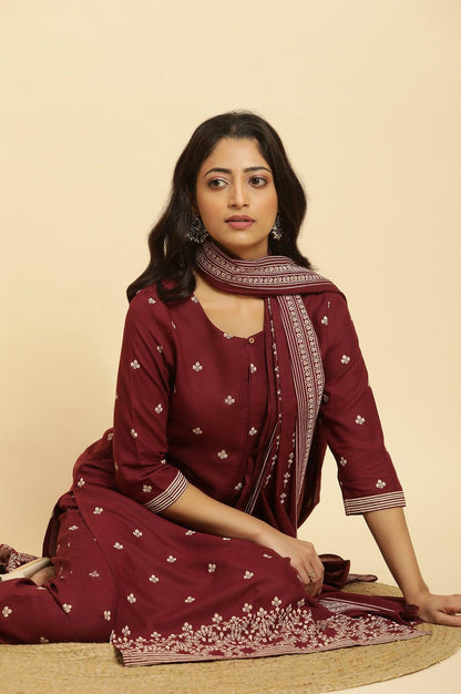 Maroon Printed Kurta, Pants And Dupatta Set - wforwoman