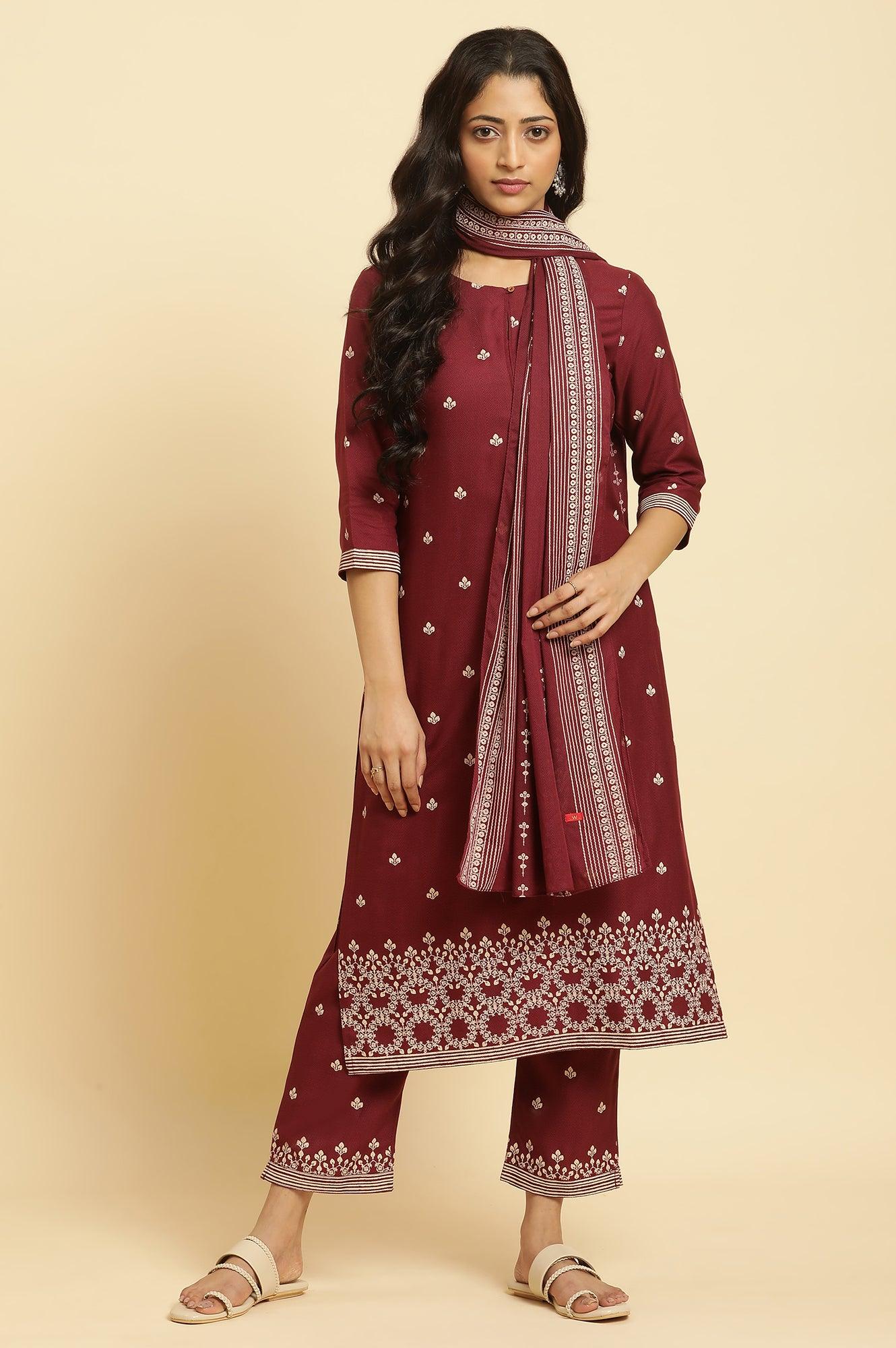 Maroon Printed Kurta, Pants And Dupatta Set - wforwoman