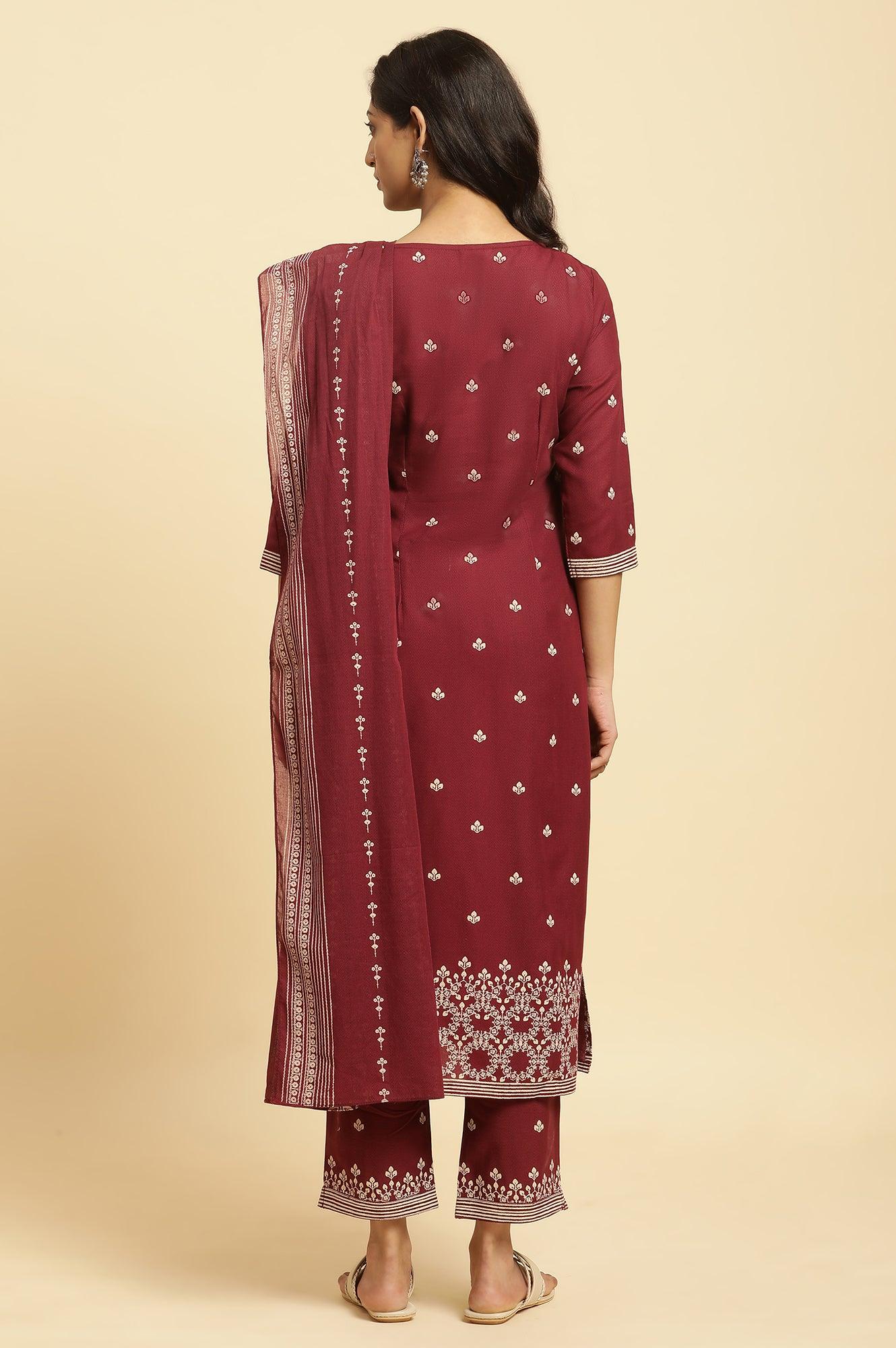 Maroon Printed Kurta, Pants And Dupatta Set - wforwoman