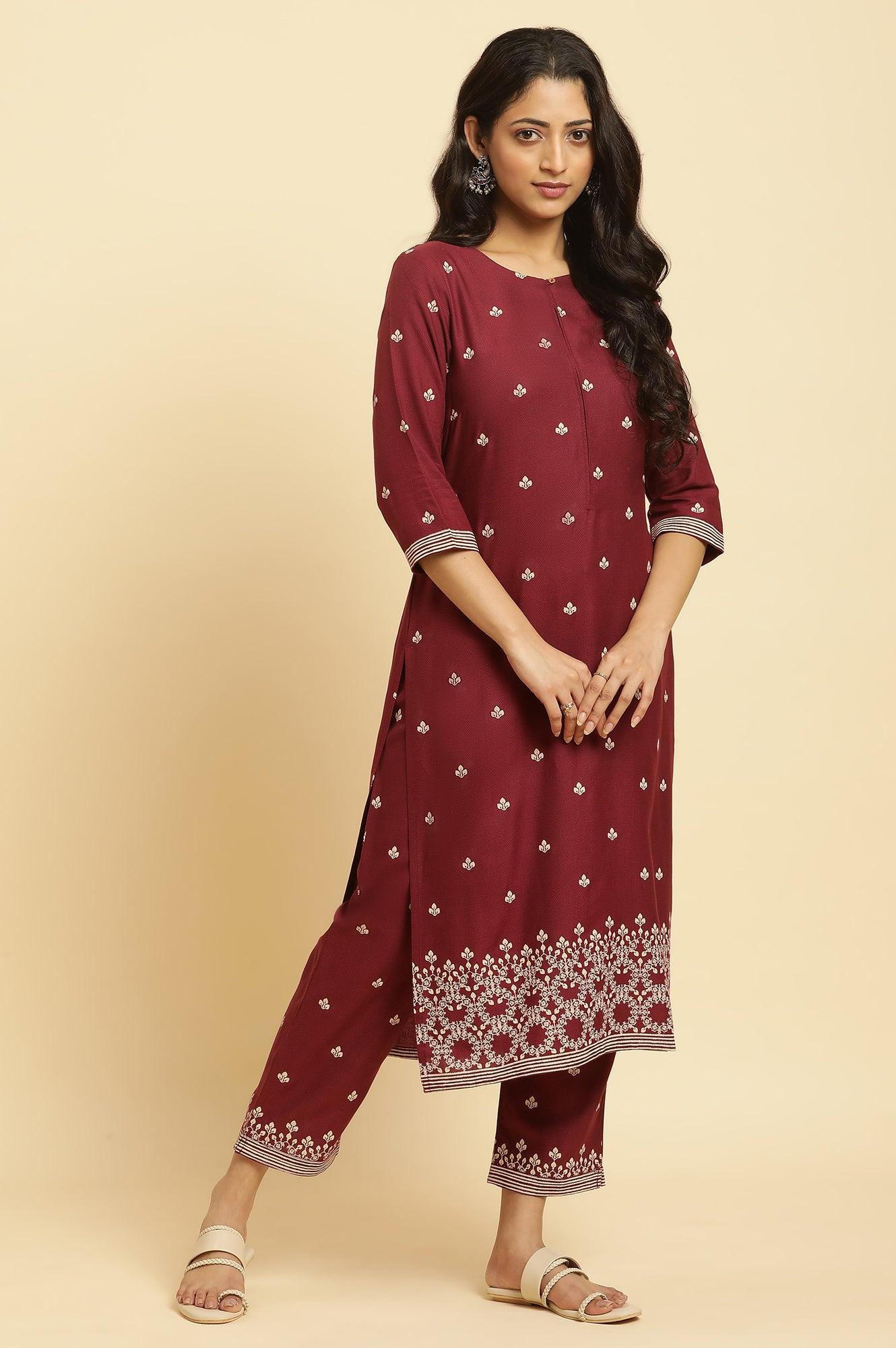 Maroon Printed Kurta, Pants And Dupatta Set - wforwoman