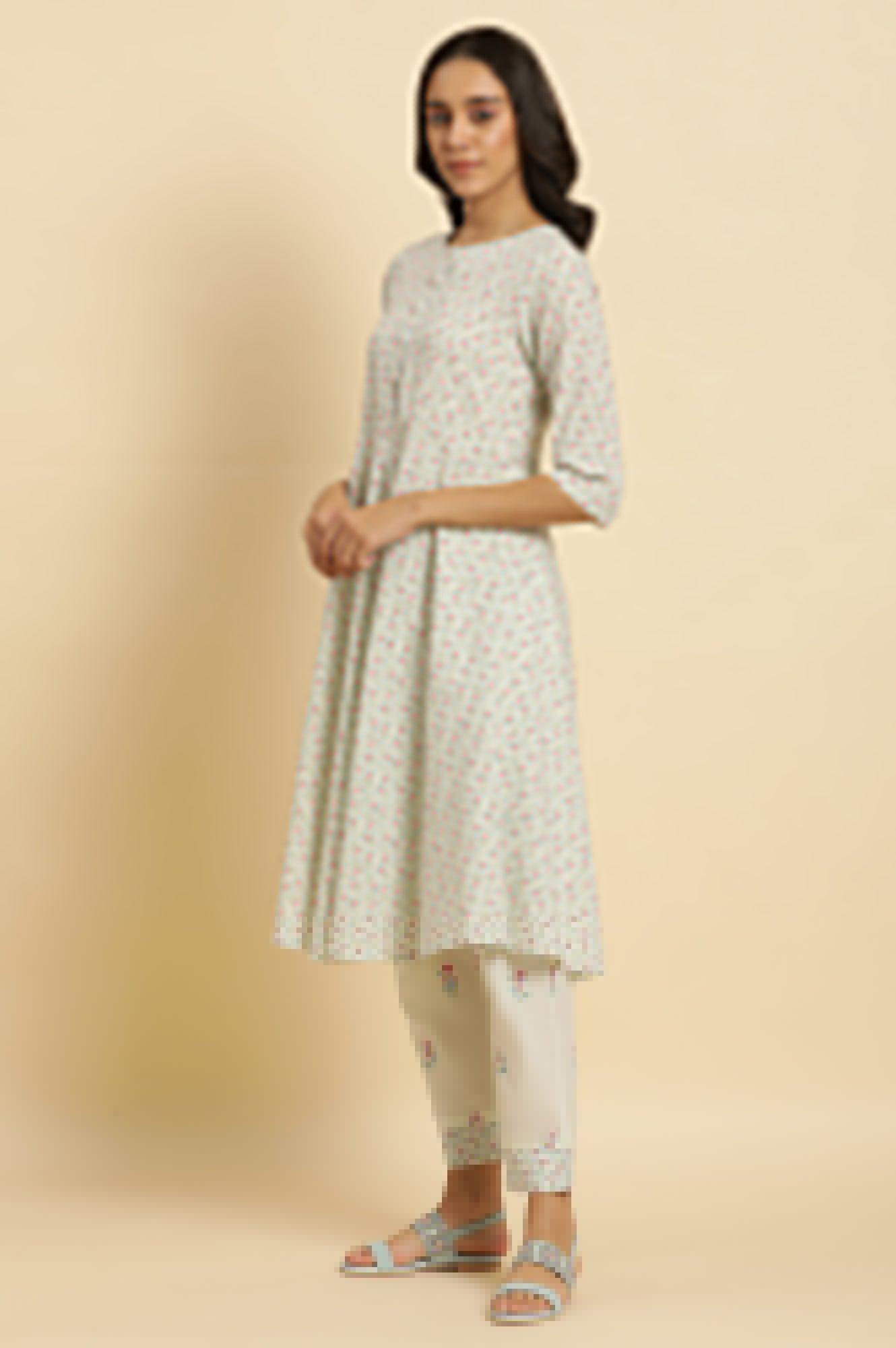 Ecru Floral Printed A-Line Kurta And Pants Set - wforwoman