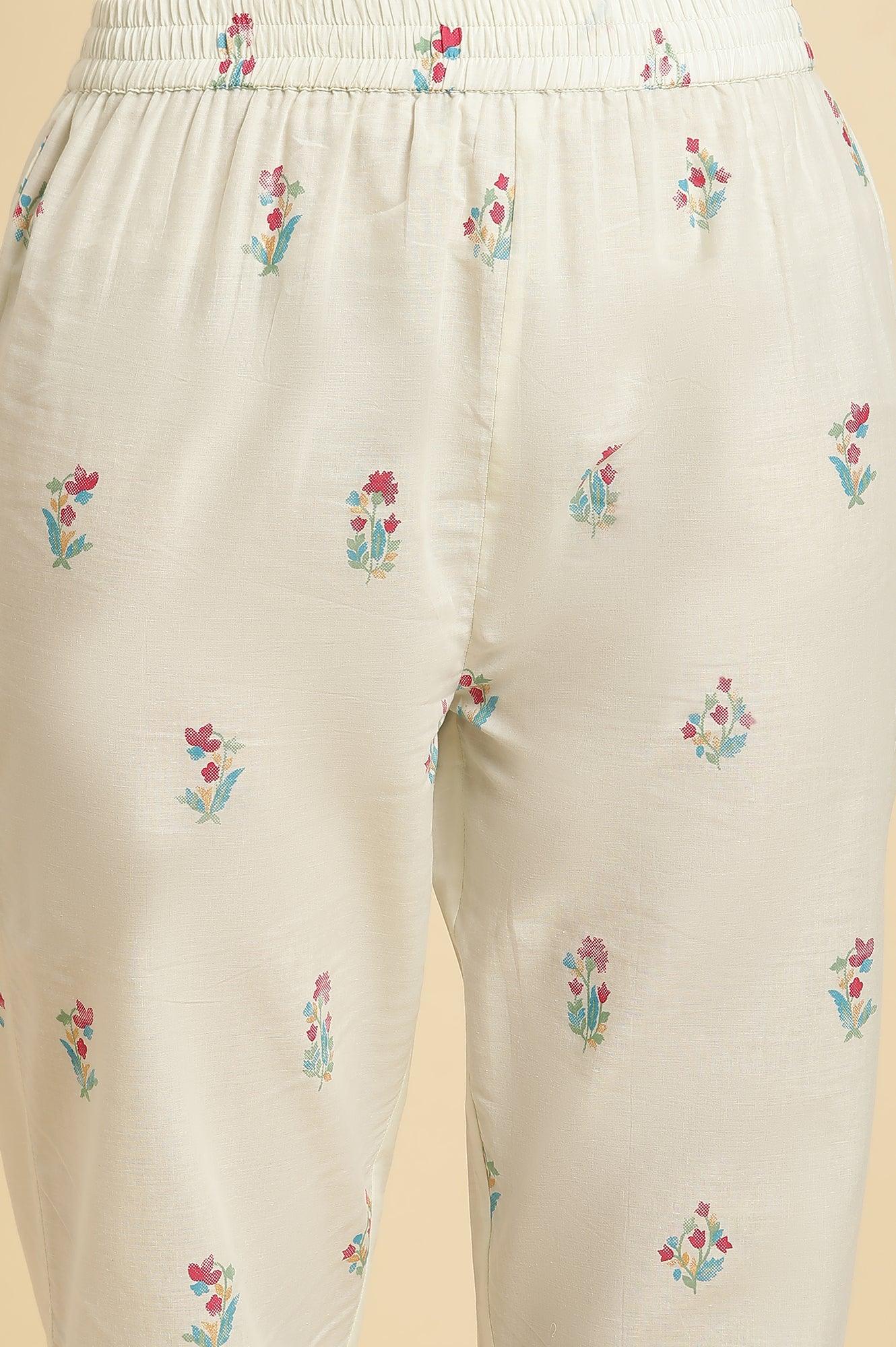 Ecru Floral Printed A-Line Kurta And Pants Set - wforwoman