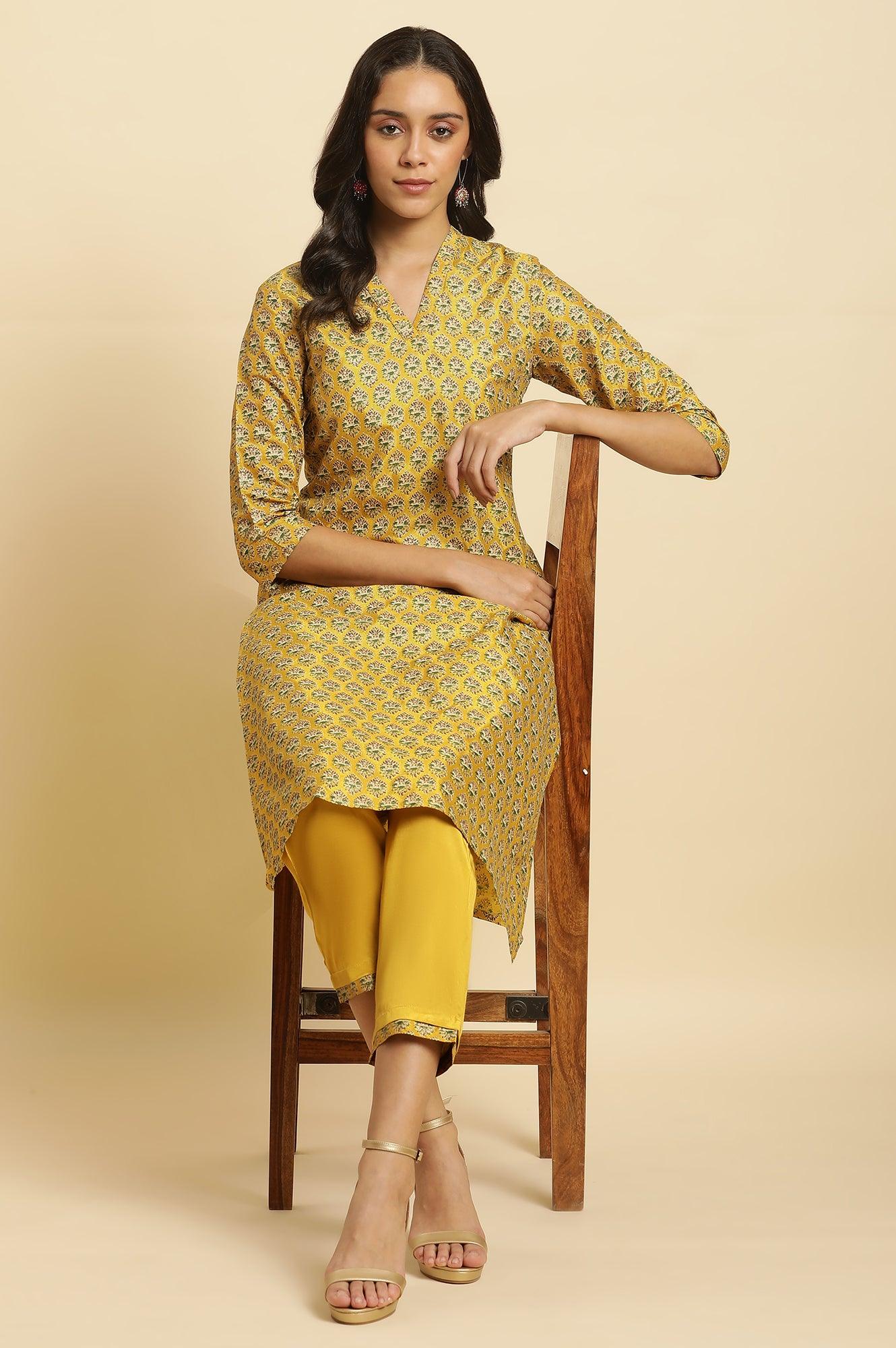 Mustard Yellow Glitter Printed Kurta Set - wforwoman