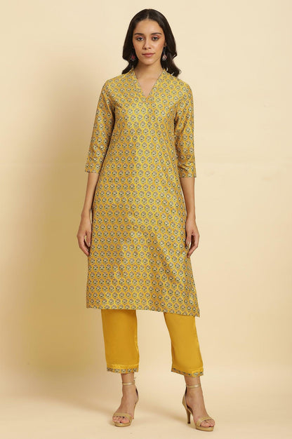 Mustard Yellow Glitter Printed Kurta Set - wforwoman