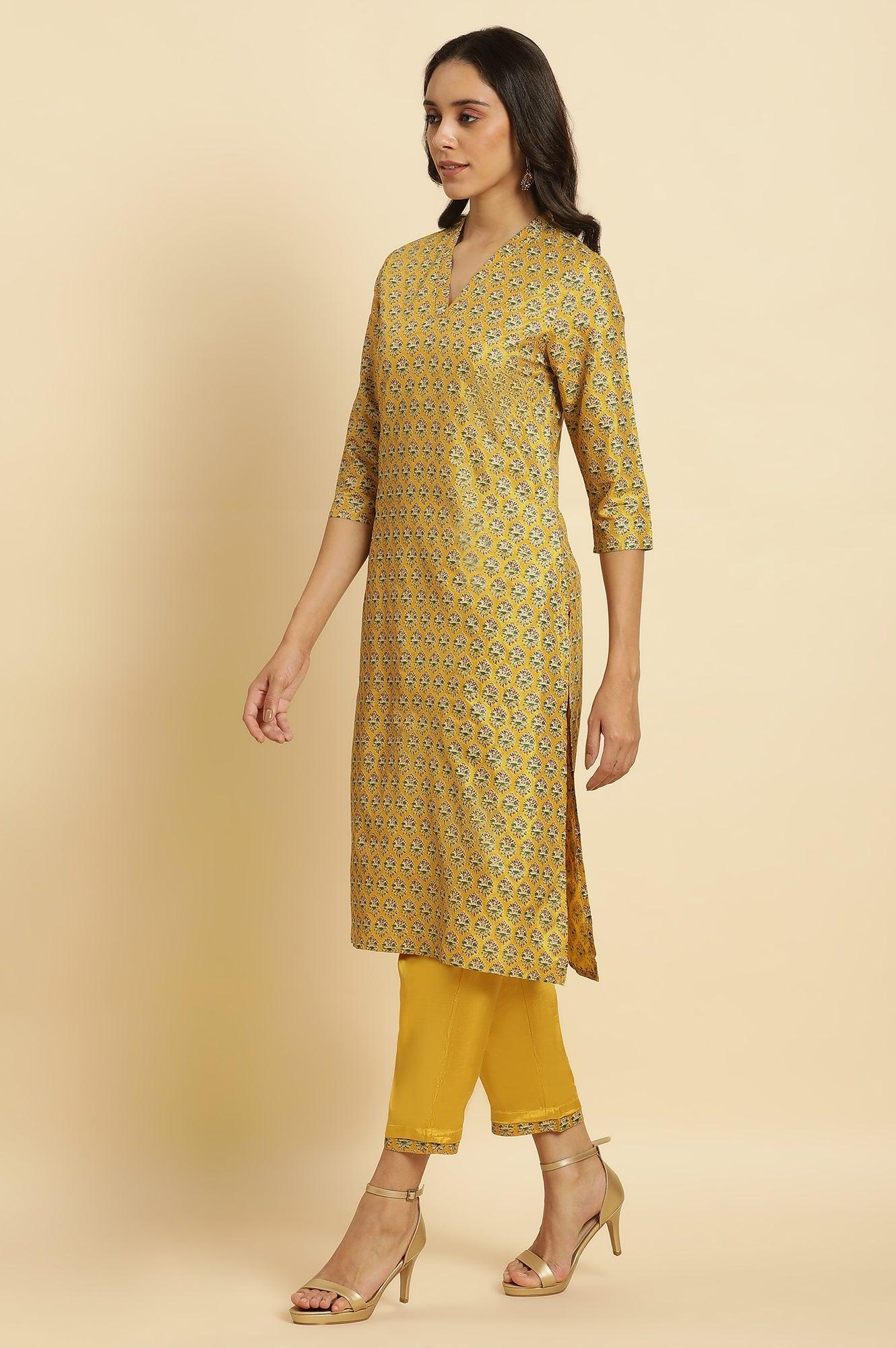 Mustard Yellow Glitter Printed Kurta Set - wforwoman