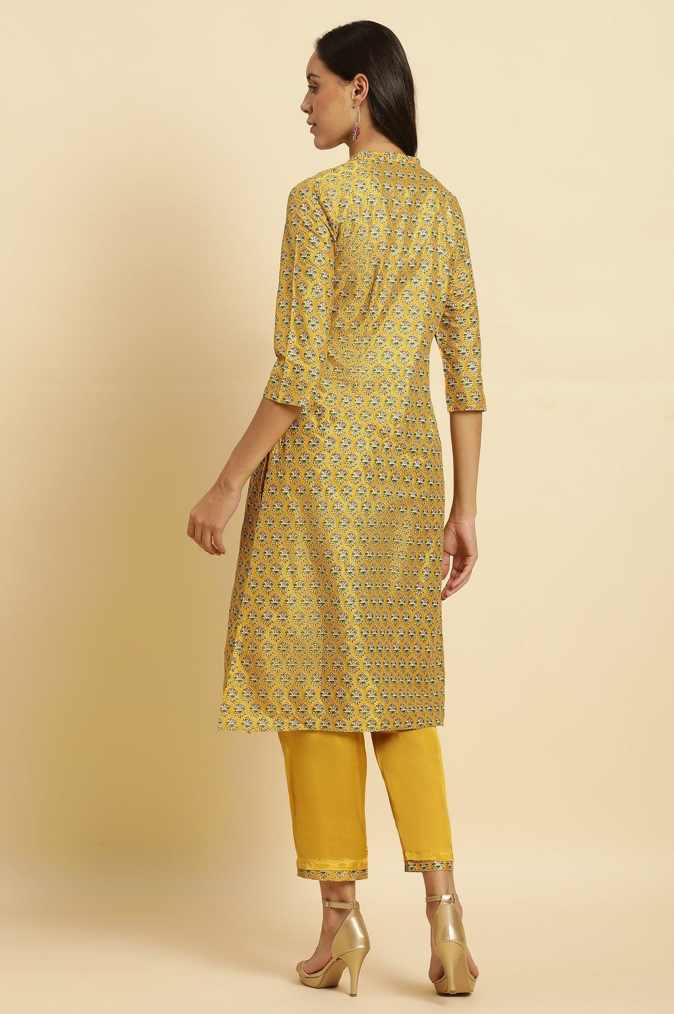 Mustard Yellow Glitter Printed Kurta Set - wforwoman