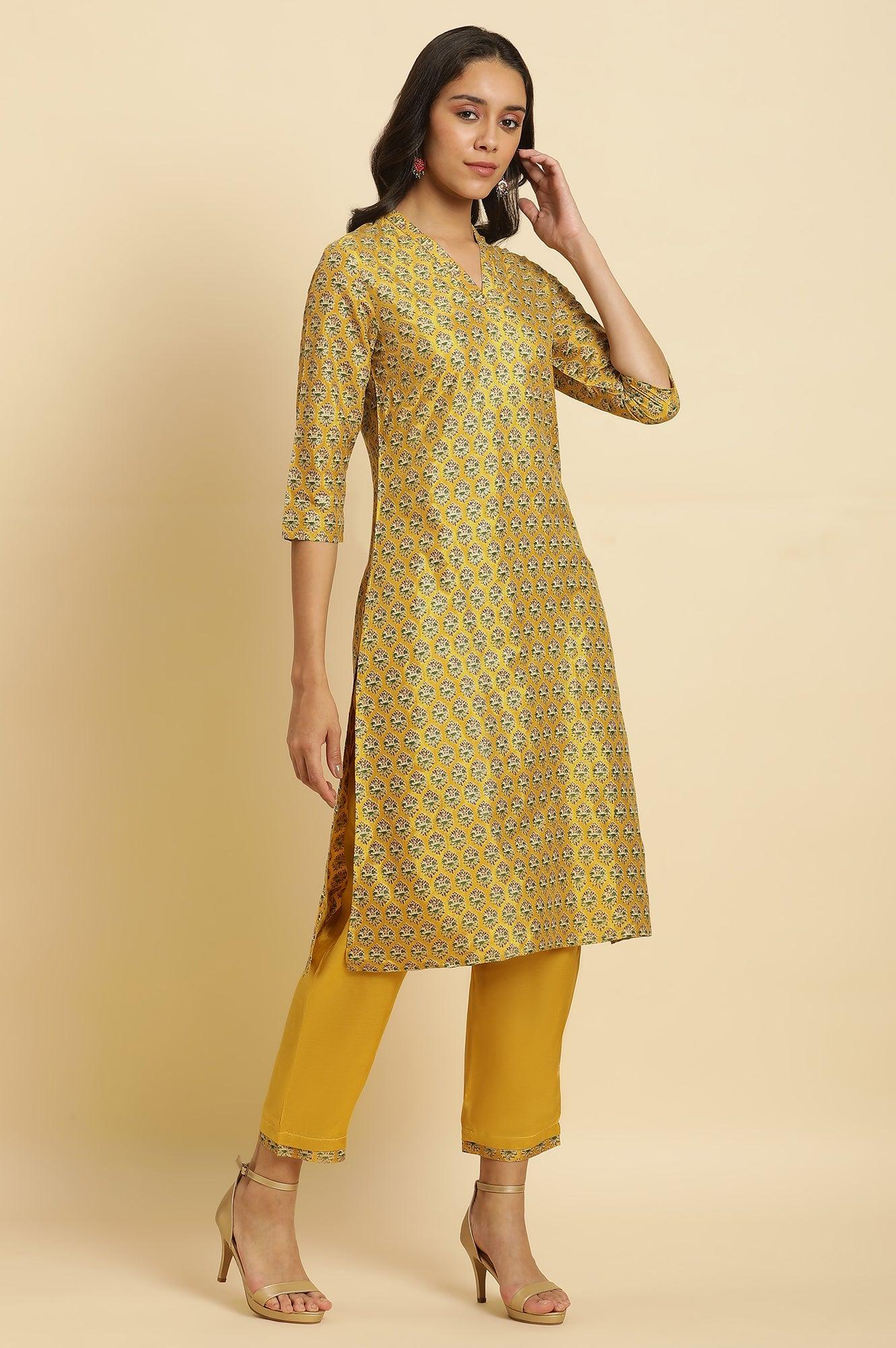 Mustard Yellow Glitter Printed Kurta Set - wforwoman