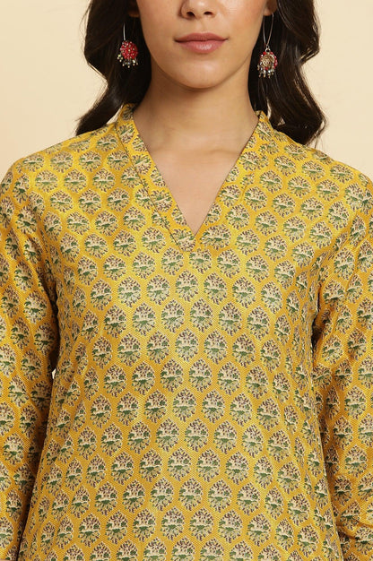 Mustard Yellow Glitter Printed Kurta Set - wforwoman