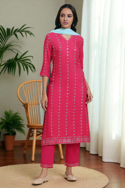 Pink Embellished Festive Kurta, Pants And Dupatta Set