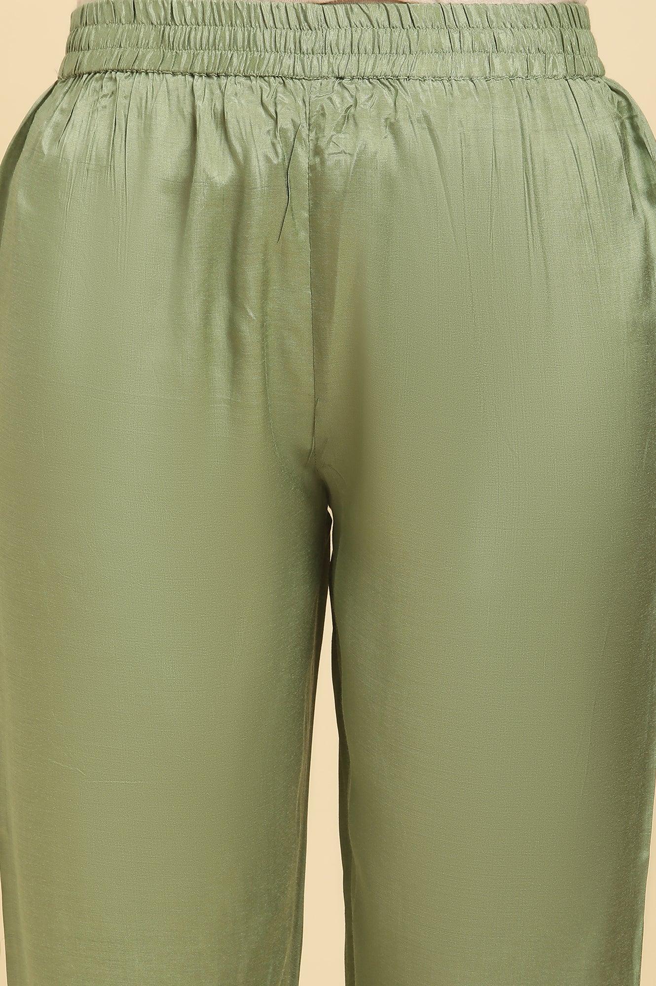 Green Embellished Shantung Kurta, Pants And Dupatta Set - wforwoman