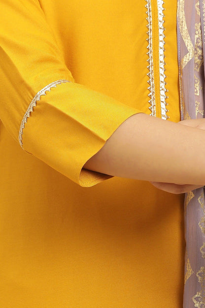 Yellow Embellished Shantung Kurta, Pants And Dupatta Set - wforwoman