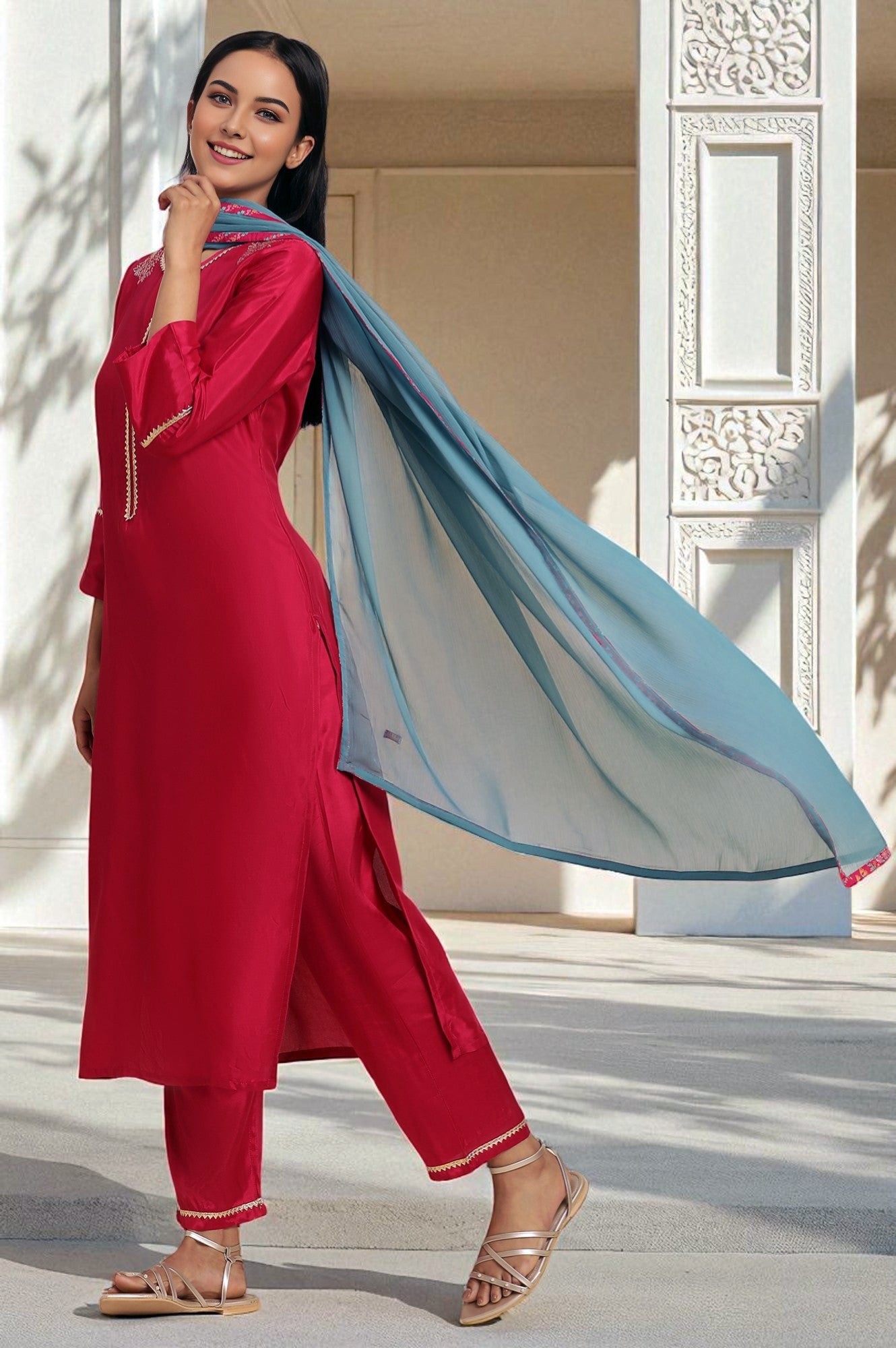 Pink Shantung Kurta, Pants And Dupatta Set