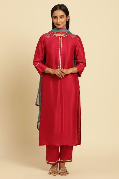 Pink Shantung Kurta, Pants And Dupatta Set - wforwoman