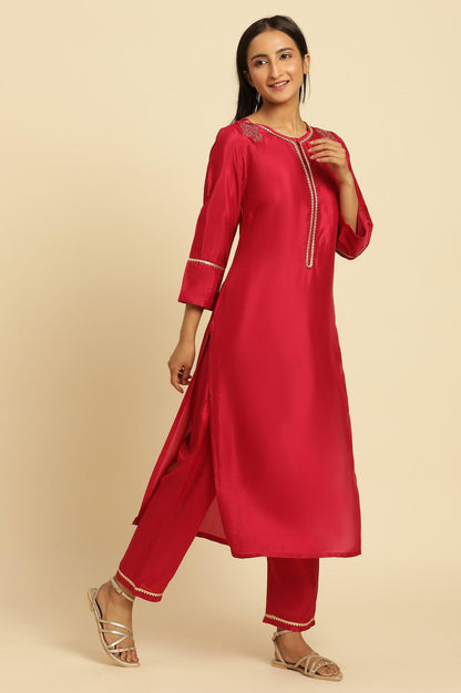 Pink Shantung Kurta, Pants And Dupatta Set - wforwoman