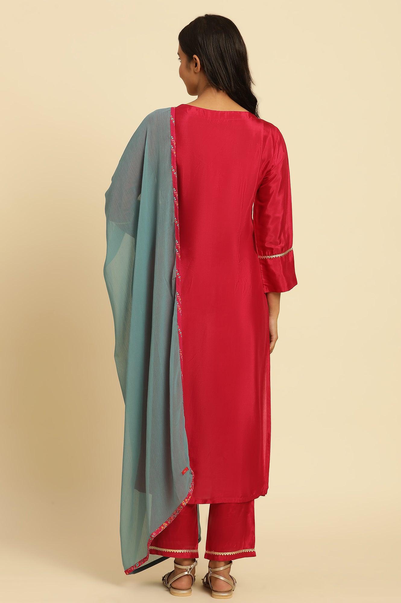 Pink Shantung Kurta, Pants And Dupatta Set - wforwoman