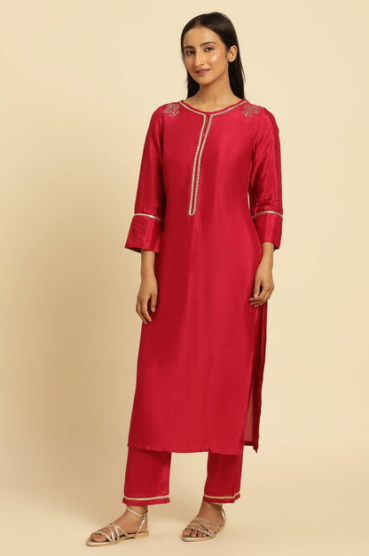 Pink Shantung Kurta, Pants And Dupatta Set - wforwoman