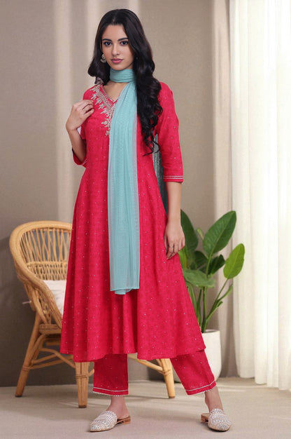 Pink Metallic Embroidered A-Line Kurta, Pants And Dupatta Set