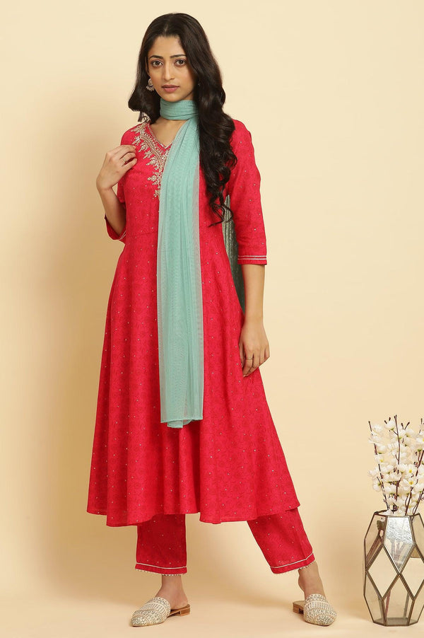 Pink Metallic Embroidered A-Line Kurta, Pants And Dupatta Set